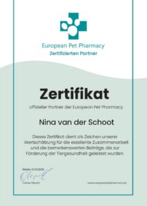 Partner-Zertifikat der European Pet Pharmacy für Nina van der Schoot