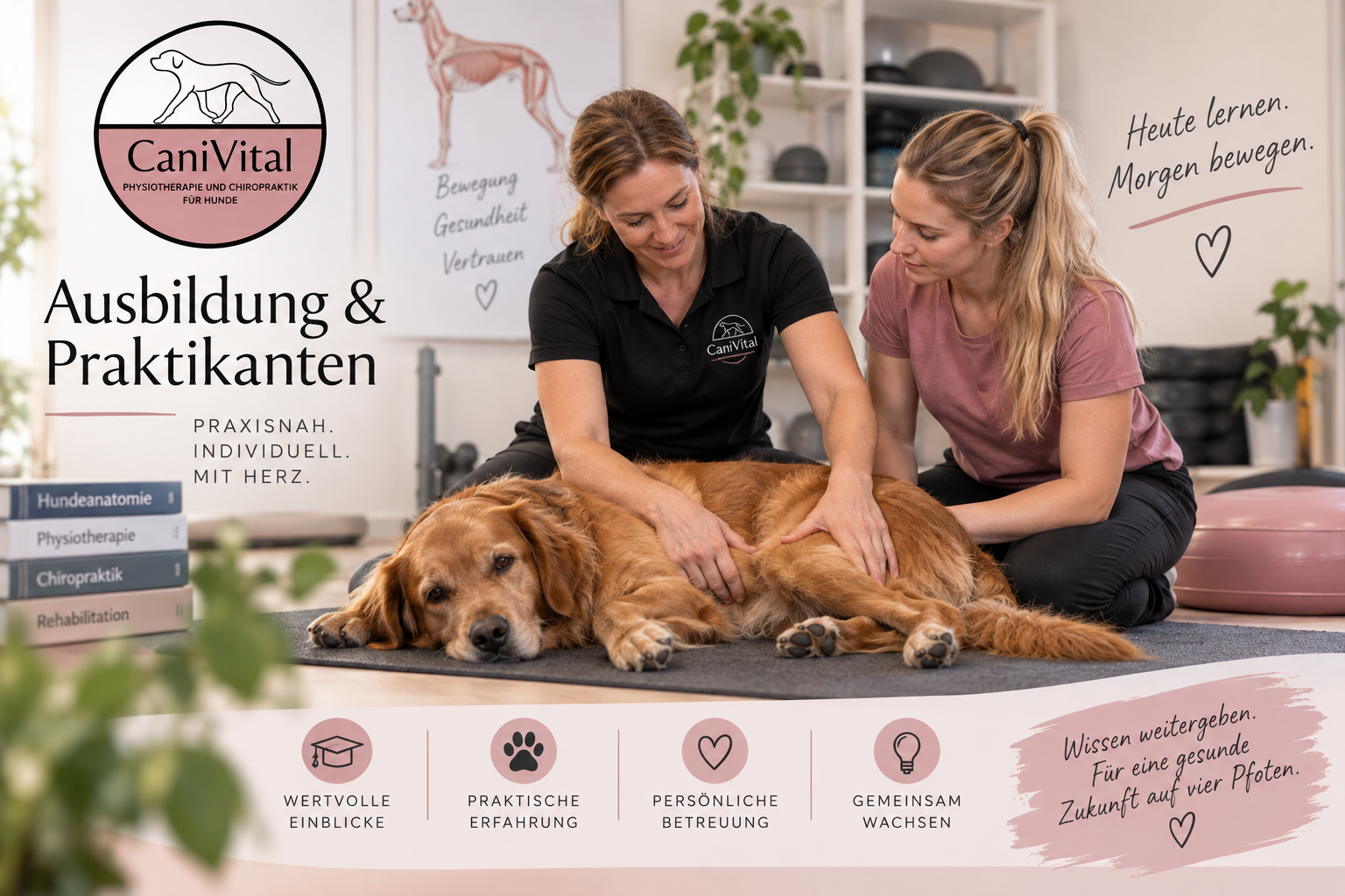 Nina und eine Praktikantin behandeln einen Golden Retriever
